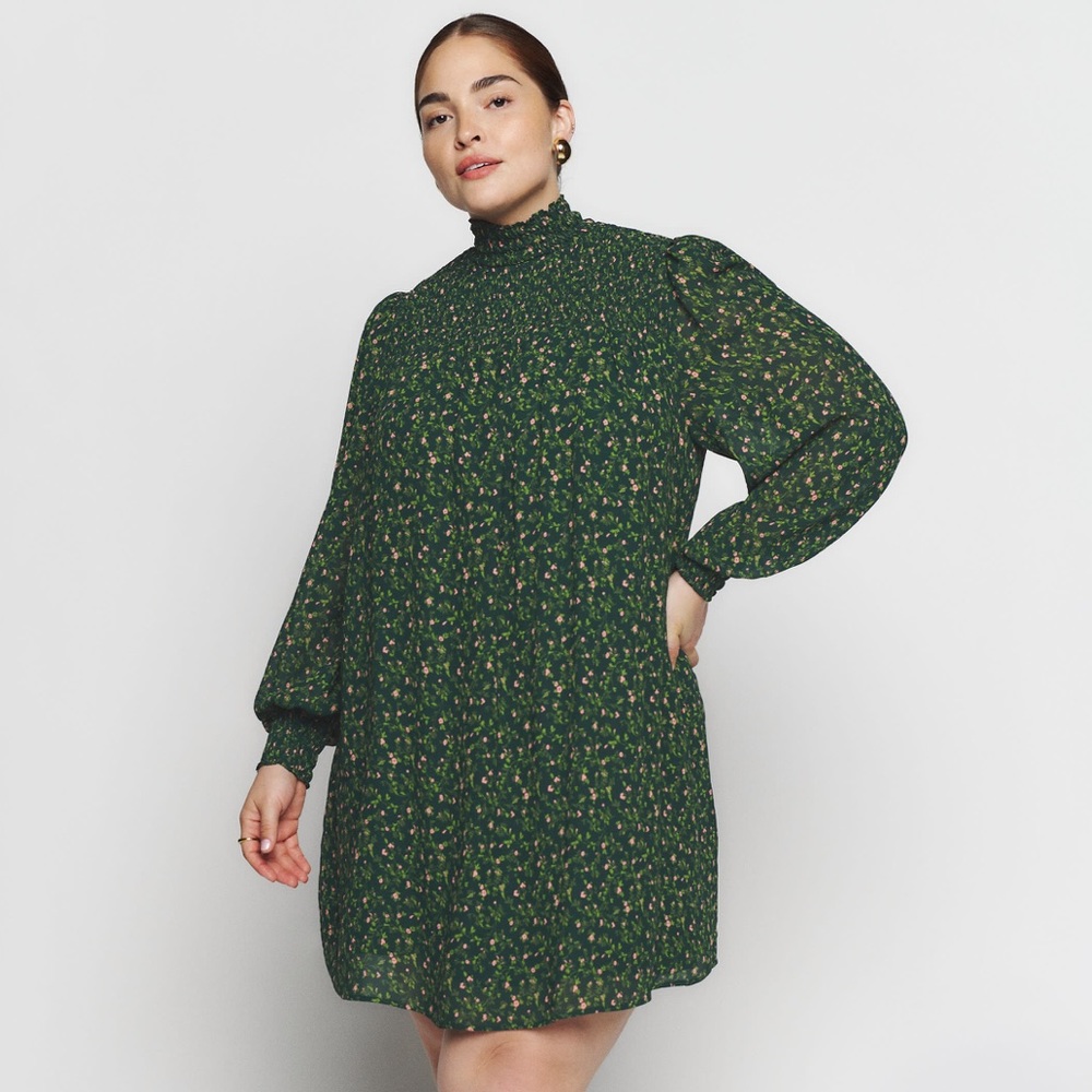 REFORMATION NWT Brandi Dress Es coriander smocked shift dress long sleeve 2X